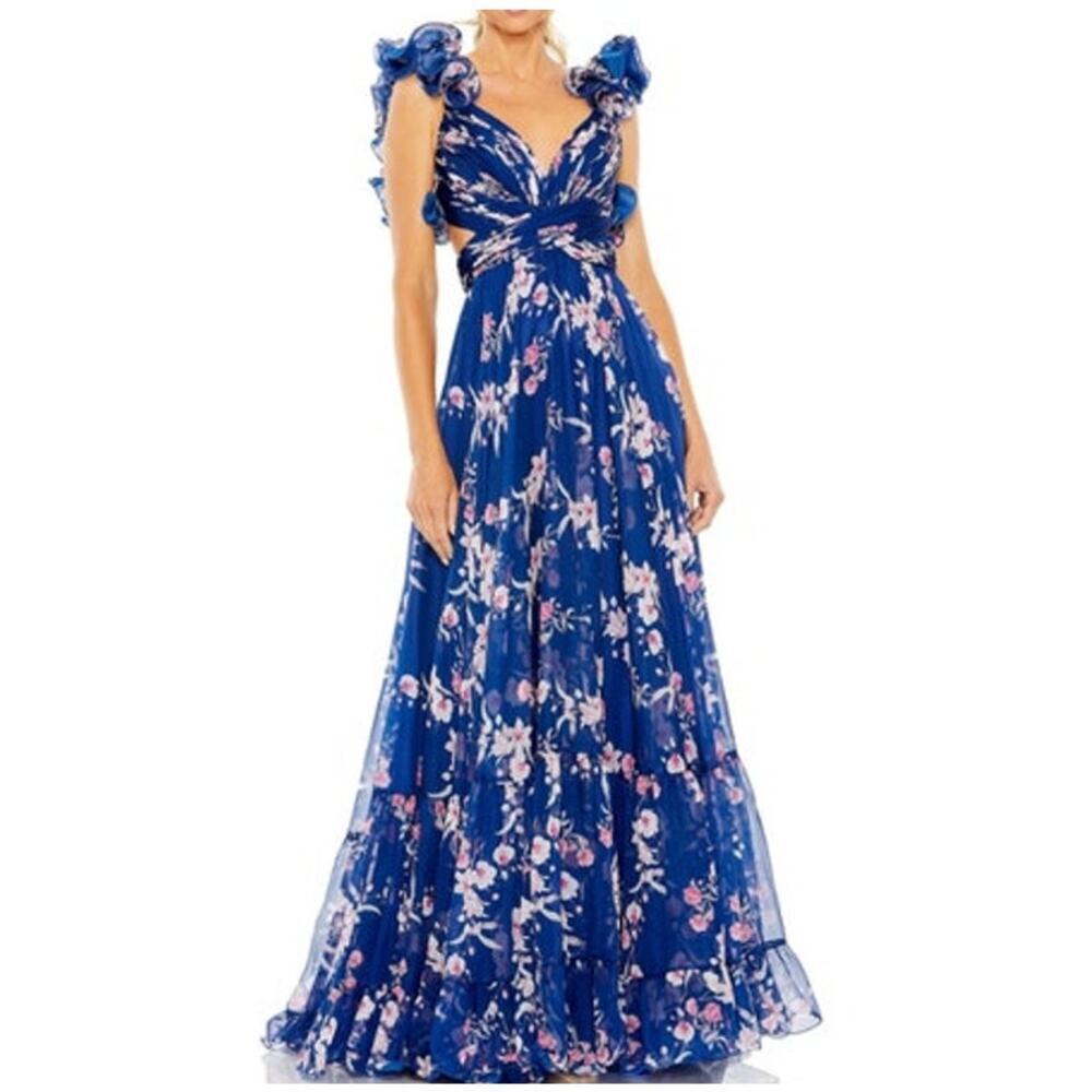 Mac Duggal Floral Chiffon Gown Sleeveless Strappy Back Detail Tiered Ruffled 4